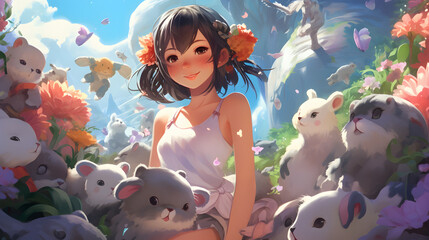 Fototapeta na wymiar Serenity in Bloom: Anime Girl Amidst Flowers and Butterflies