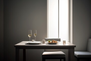 Illustration of a table set with a delicious meal and two glasses of wine, created using generative AI