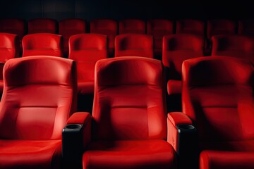  Red seats in cinema or theatre interior. Empty movie theater. Copy space. Generative Ai