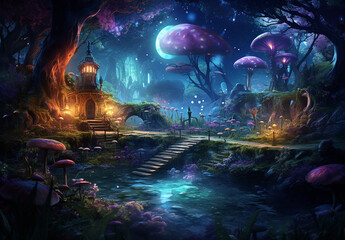 Fantasy landscape, magical night, fairy tale forest.  Generative AI