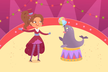 Circus characters perform juggling show vector illustration. Cartoon cute seal juggler playing ball on podium and trainer in vintage tuxedo, carnival performance of happy animal and funny girl