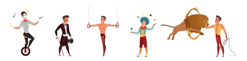 Circus characters set vector illustration. Cartoon isolated circus performers collection with acrobat and clown, juggler and strongman, tamer in carnival costumes and animals perform show and tricks © backup_studio