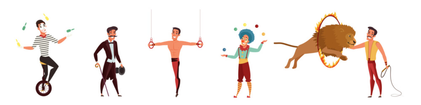 Circus characters set vector illustration. Cartoon isolated circus performers collection with acrobat and clown, juggler and strongman, tamer in carnival costumes and animals perform show and tricks