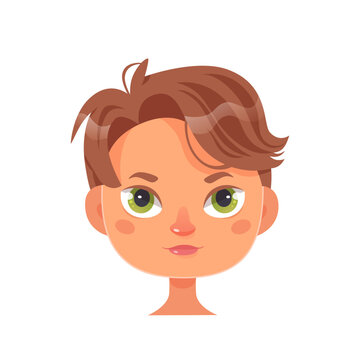 Boy face portrait vector illustration. Cartoon isolated profile avatar with cute male head, brunette with green eyes and curly androgen hairstyle on short brown hair, pretty teen character