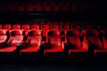 Obraz premium Red seats in cinema or theatre interior. Empty movie theater. Copy space. Generative Ai
