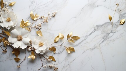 An artistic top view perspective of a marble table with intricate gold leaf designs, accompanied by scattered flower petals and gilded accents, offering an elegant space for text. Generative AI. 