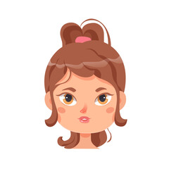 Avatar portrait of girl with brown hair and cute face vector illustration. Cartoon isolated child with green eyes and adorable hairstyle, pretty happy teenage character