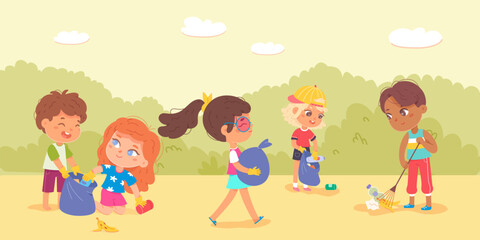 Kids clean up garden or park from garbage, volunteers collecting plastic bottles and cans