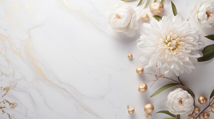 Fototapeta na wymiar A visually striking flat lay scene showcasing a white marble surface with golden geometric floral designs, creating an intricate and glamorous backdrop. Wedding card. Generative AI. 