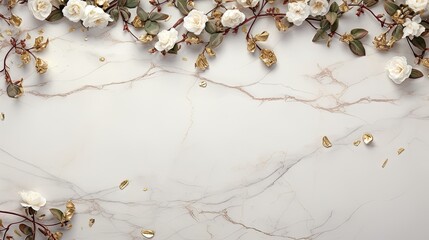 An opulent top view perspective of a white marble table with golden vine motifs, accompanied by scattered rose petals and negative space for your text. Glamor wedding card, celebration. Generative AI. - obrazy, fototapety, plakaty