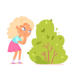 Cute girl playing hide and seek outdoor, child peeping over green bushes of summer park