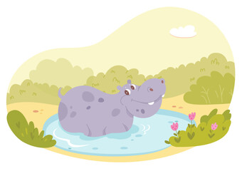 Cute happy hippopotamus swimming in zoo pond vector illustration. Cartoon isolated cheerful baby hippo character bathing, funny big fat animal sitting in blue water of small pool to enjoy summer