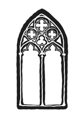 Geometrical decorated gothic window tracery stylized drawing. Architectural element; medieval cathedral arches.