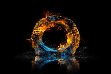 Abstract ring of fire & water with a yellow & blue ring on black background. Generative AI