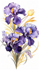 A bouquet of purple and yellow flowers on a white background. Generative AI.