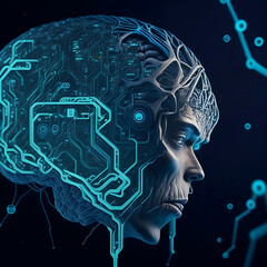 Close up brain combined or merging with technology, artificial intelligence concept,  Exploring Generative AI in Close-Up Brain-Technology Integration. 