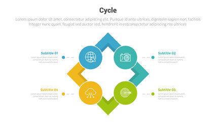 cycle or cycles stage infographics template diagram with skewed square box and circle and 4 point step creative design for slide presentation