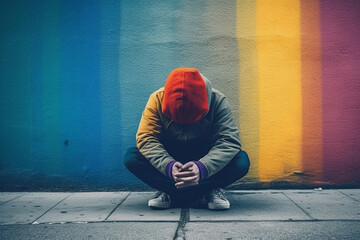 Homeless man in a hood on his head sitting against a wall in rainbow colors, generative ai