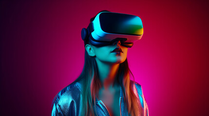 Woman wearing virtual reality headset in front of pink background. Generative AI.