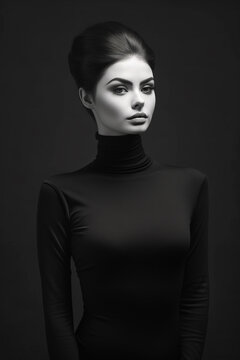 Black and white photo of woman wearing black turtle neck top. Generative AI.