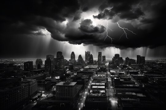 Illustration of a dramatic stormy sky looming over a cityscape in a black and white photo, created using generative AI