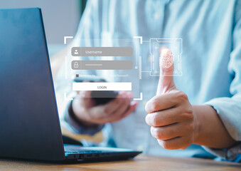 Concept of cyber security, user type login, and password, keeping user personal data safe, encryption, secure internet access, cyber security Use fingerprint scanning technology.