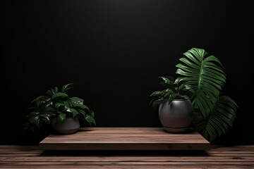 3D wooden podium display with leaf shadow