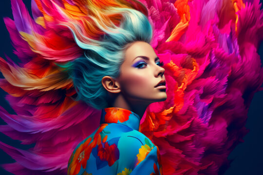 Image of woman with colorful hair and bright feathers on her head. Generative AI.