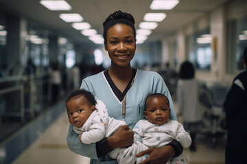 Portrait of a smiley young woman with a twins in a hospital corridor. - obrazy, fototapety, plakaty