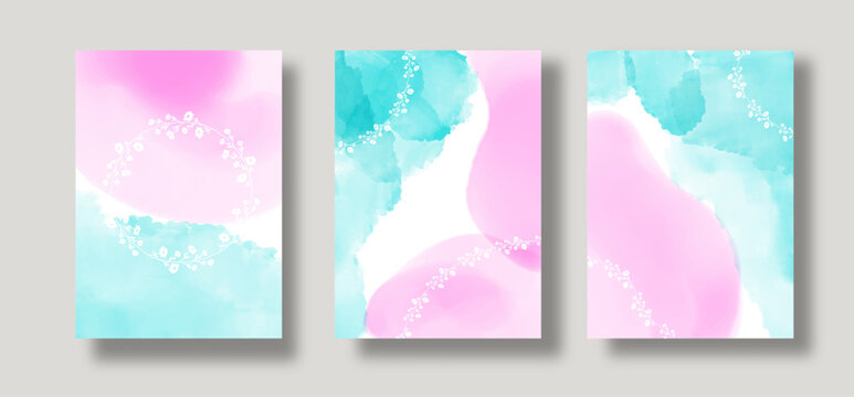 Abstract Blue Pink Watercolor Background Vector. Baby Shower Card With Doodle Flower. Invite Design For Wedding And Vip Cover Template.