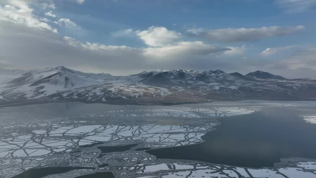 Aerial view of frozen Lake Paravani. The largest lake in Georgia at an altitude of more than 2000 meters.
