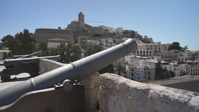 Bastion, cannons, ramparts and Cathedral, Dalt Vila old town, UNESCO World Heritage Site, Ibiza Town, Ibiza, Balearic Islands, Spain