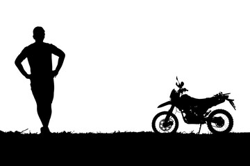 Silhouette of a man with a motocross bike. on white background