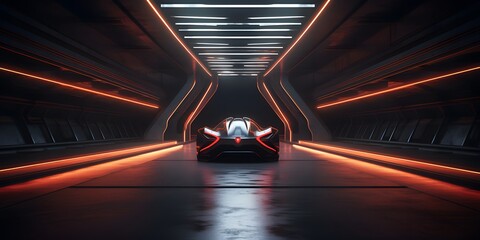 Fototapeta premium Dark Futuristic Modern Garage Showroom Tunnel Corridor. Entrance 3D Illustration