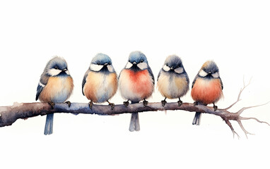 Five cute birds on a branch. Digital watercolour illustration with white background.
