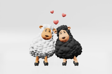 Two cute sheep friends 3d rendering Friendship Day Valentines day Pyjamas printing baby shower Children party invitation