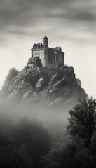 Naklejka premium Minimalistic scene in black and white tones in misty weather. Generative AI illustrations