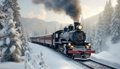 Fototapeta na wymiar Veteran locomotive driving through a winter landscape with steam coming out of the chimney. Generative AI illustrations