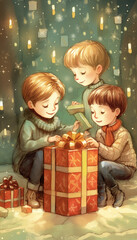 Fototapeta na wymiar Excited young kids opening Christmas presents in a cozy xmas themed image. Generative AI illustrations