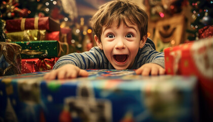 Excited young boy opening Christmas presents in a cozy xmas themed image. Generative AI illustrations