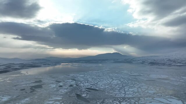 Aerial view of frozen Lake Paravani. The largest lake in Georgia at an altitude of more than 2000 meters.