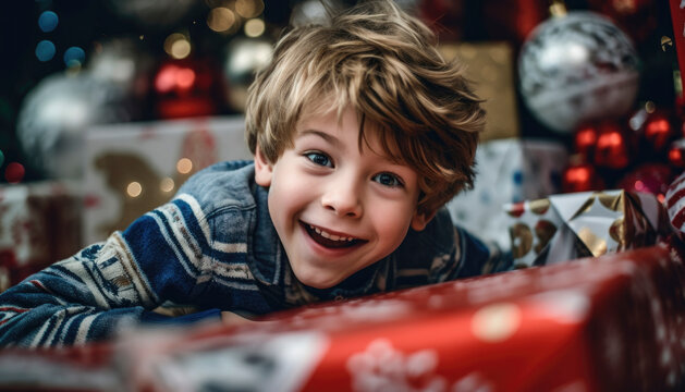 Excited young boy opening Christmas presents in a cozy xmas themed image. Generative AI illustrations