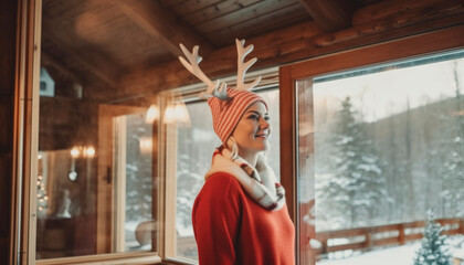 Fototapeta na wymiar Merry Christmas. Beautiful Xmas woman dressed up for Christmas in the holidays. Generative AI illustrations