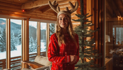 Fototapeta na wymiar Merry Christmas. Beautiful Xmas woman dressed up for Christmas in the holidays. Generative AI illustrations