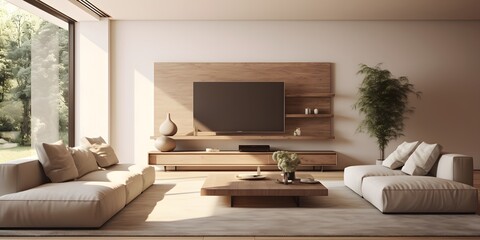 Minimalist interior design of modern living room. Created with generative AI