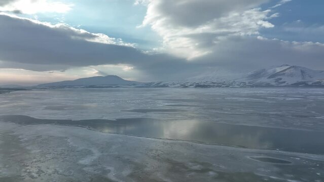 Aerial view of frozen Lake Paravani. The largest lake in Georgia at an altitude of more than 2000 meters.