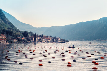 Oyster farm in the Bay of Kotor, near the picturesque town of Perast, Montenegro.