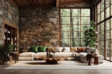 Fototapeta premium Illustration of a modern living room with a stylish stone wall and expansive windows, created using generative AI