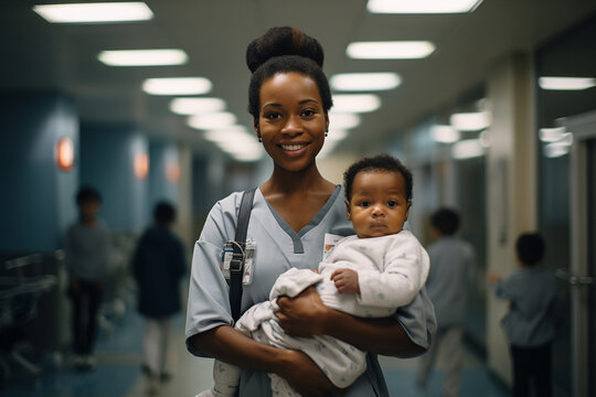 Portrait Of A Happy Smiling Young Black Woman With A Baby In A Hospital Corridor.