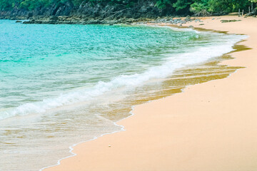 Abstract sand beach from above with light blue transparent water wave, summer vacation background, natural beauty spa outdoors.